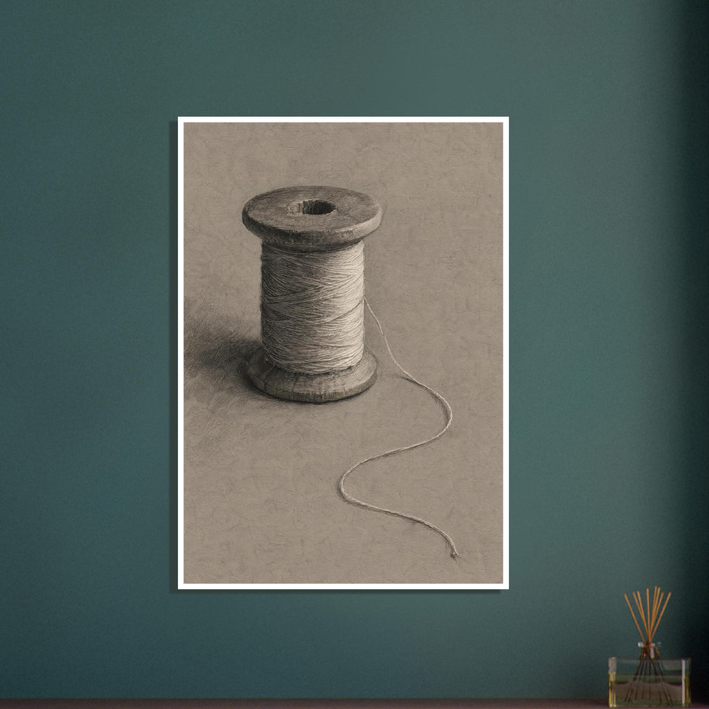 Wooden spool wrapped in pale thread, with a loose strand curling across a textured taupe background.