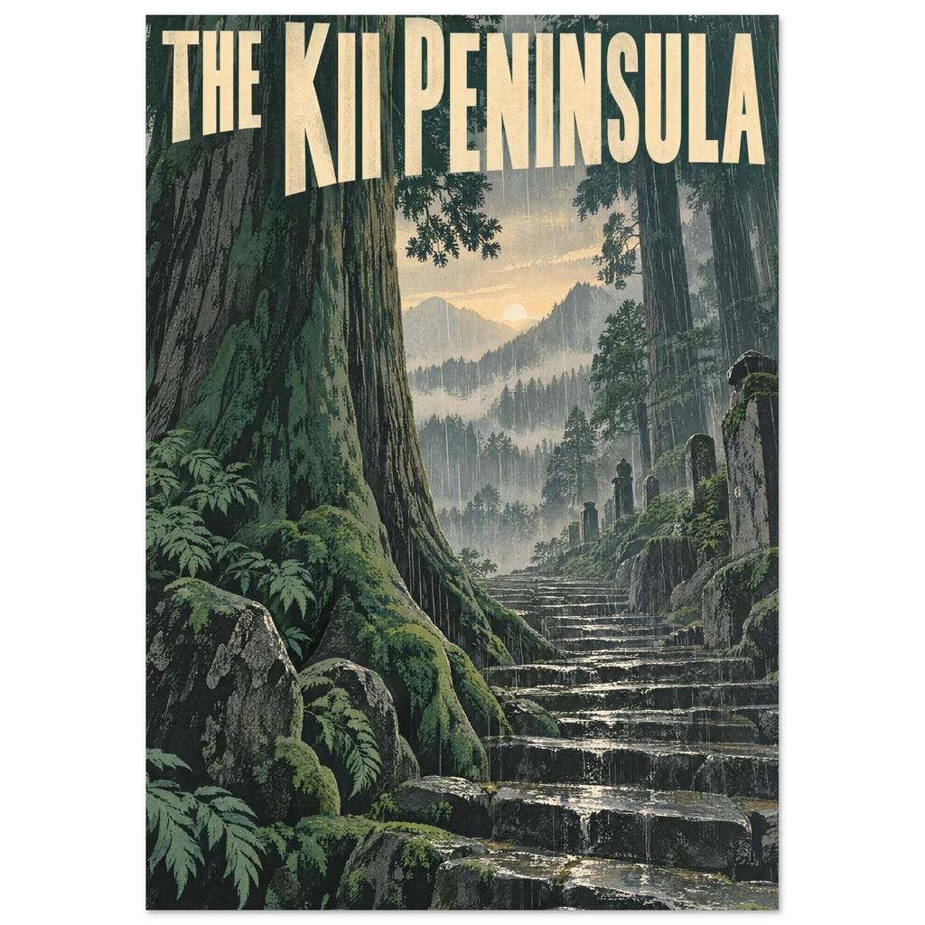 Kii Peninsula poster with cream lettering above rain-soaked forest steps, mossy trees and misty mountains.