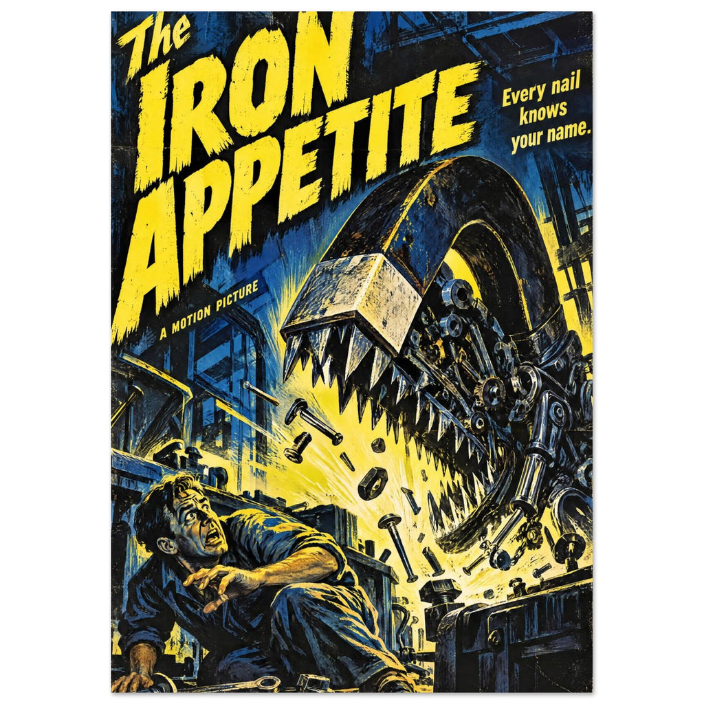 Mechanical monster with metal teeth towers over a frightened man beneath yellow ‘The Iron Appetite’ lettering.