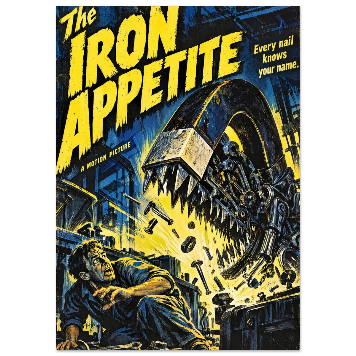 Mechanical monster with metal teeth towers over a frightened man beneath yellow ‘The Iron Appetite’ lettering.