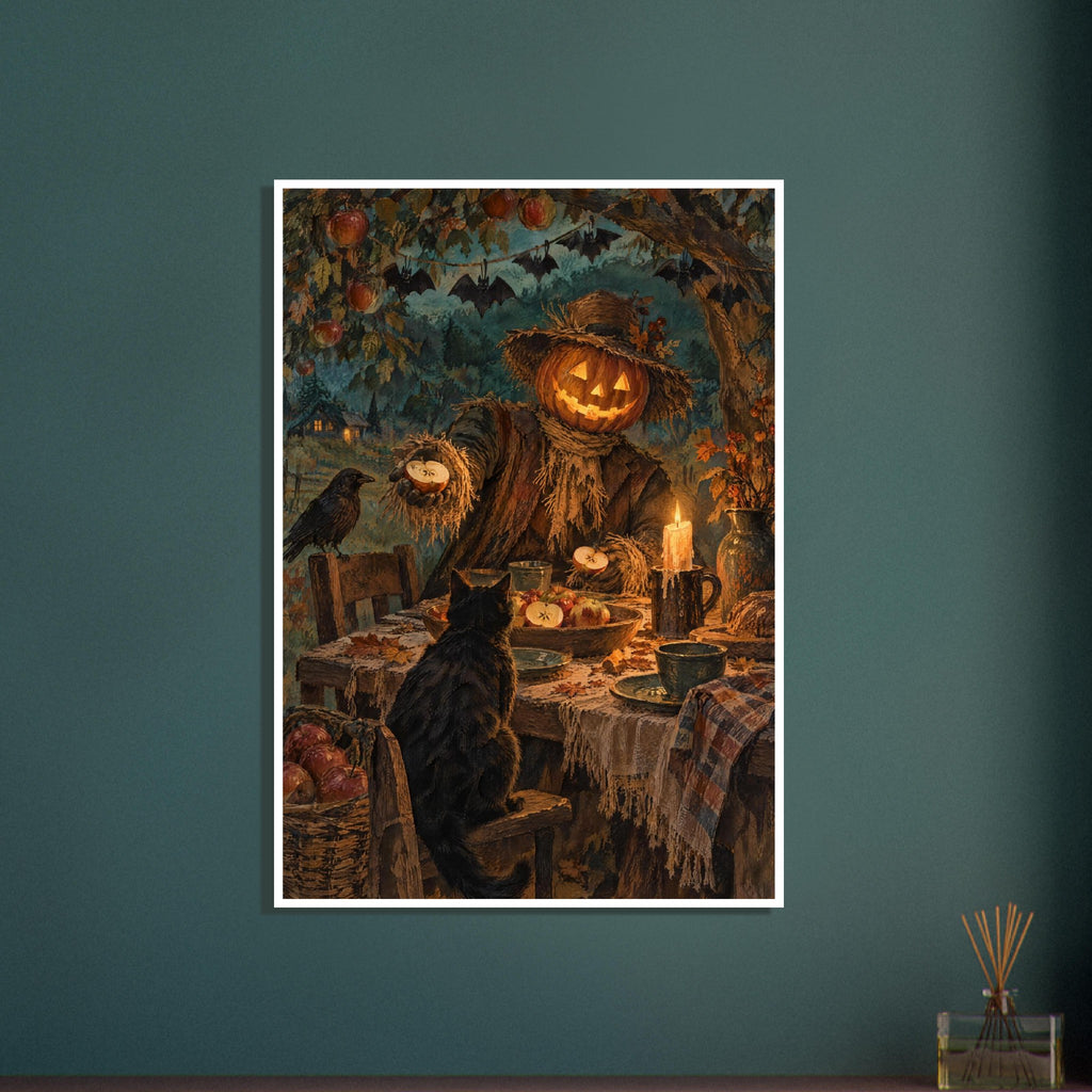 Pumpkin-headed scarecrow offering an apple at a candlelit table, with a black cat, dark bird and hanging bat decorations.