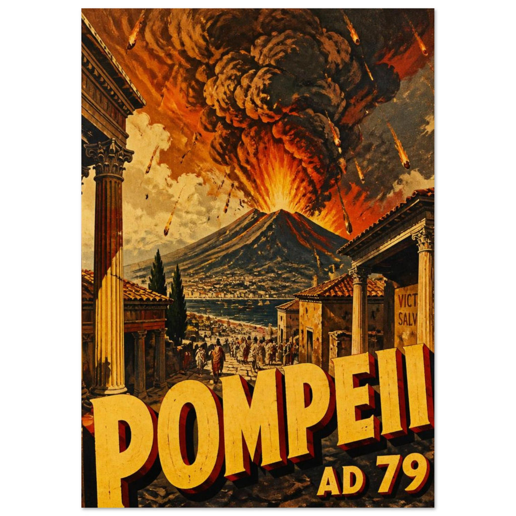 Pompeii street with classical columns beneath an erupting volcano, dark smoke and fiery skies, with ‘POMPEII AD 79’ text.