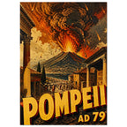 Pompeii street with classical columns beneath an erupting volcano, dark smoke and fiery skies, with ‘POMPEII AD 79’ text.