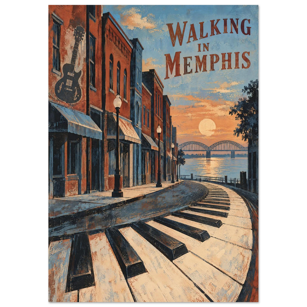 Curving piano keys beside brick buildings with a guitar mural, sunset river bridge and ‘Walking In Memphis’ lettering.