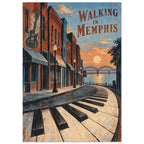 Curving piano keys beside brick buildings with a guitar mural, sunset river bridge and ‘Walking In Memphis’ lettering.