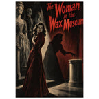 Woman in a red gown beside pale costumed figures and a reaching shadow, beneath red ‘The Woman in the Wax Museum’ lettering.