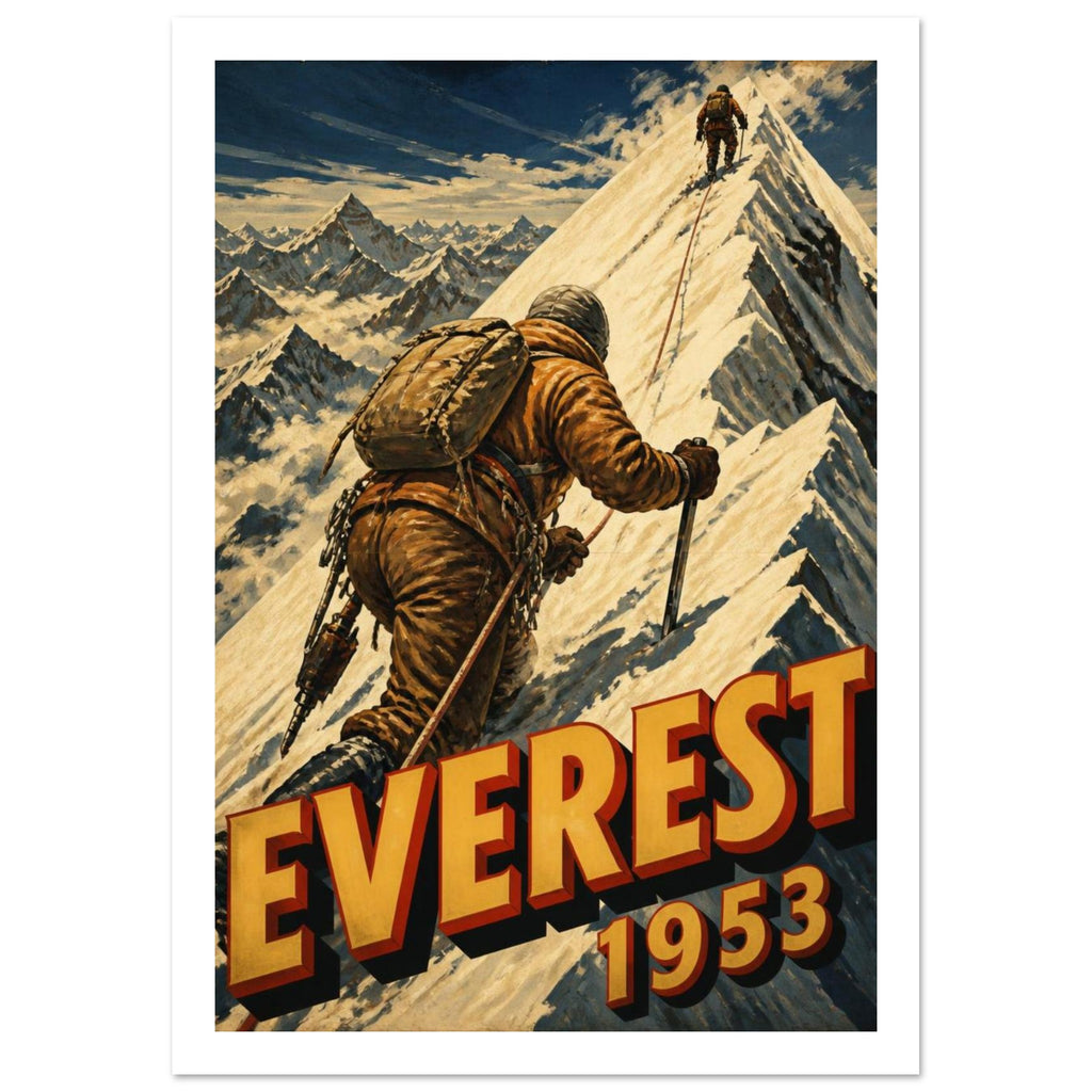 Two roped climbers ascending a snowy mountain ridge above bold gold and red lettering reading “EVEREST 1953”.