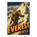 Two roped climbers ascending a snowy mountain ridge above bold gold and red lettering reading “EVEREST 1953”.