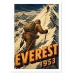 Two roped climbers ascending a snowy mountain ridge above bold gold and red lettering reading “EVEREST 1953”.