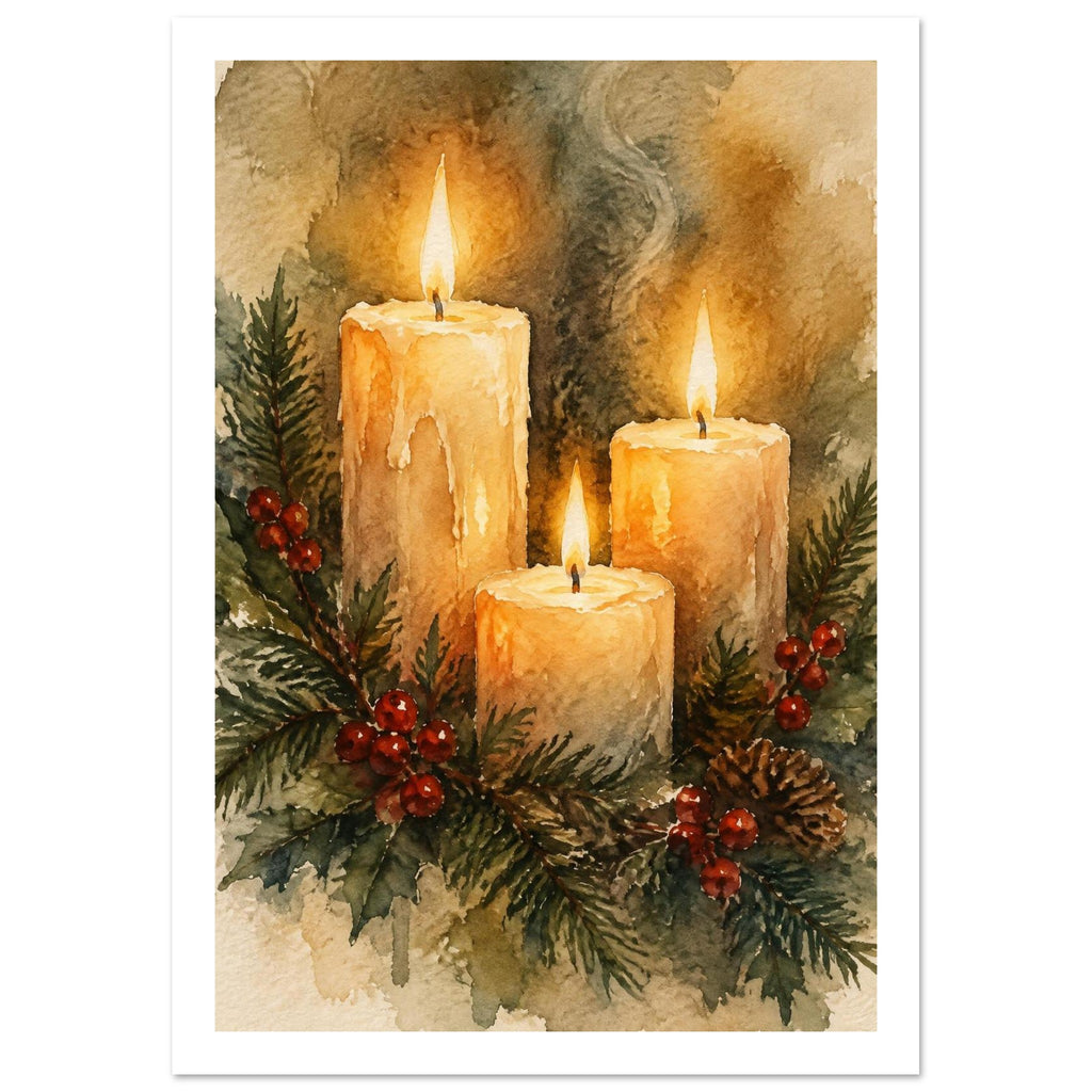 Three glowing golden candles surrounded by evergreen sprigs, red berries and pine cones in a soft watercolour composition.