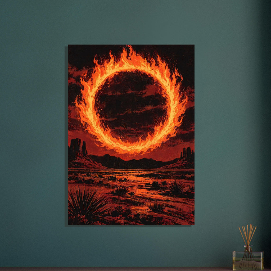 Ring of orange flames above a red and black desert with towering rock formations, low shrubs and spiky plants.