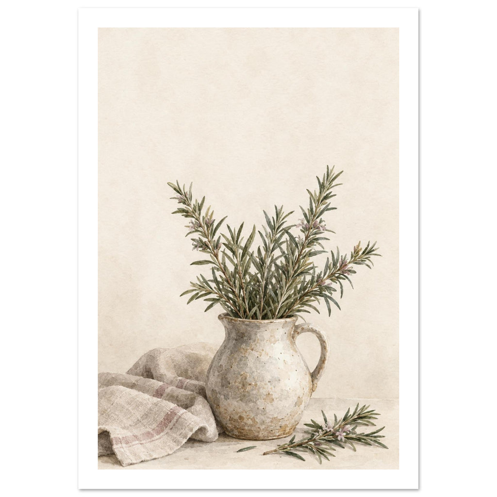 Rosemary sprigs in a mottled cream jug beside a striped cloth and loose stems, painted against a cream background.
