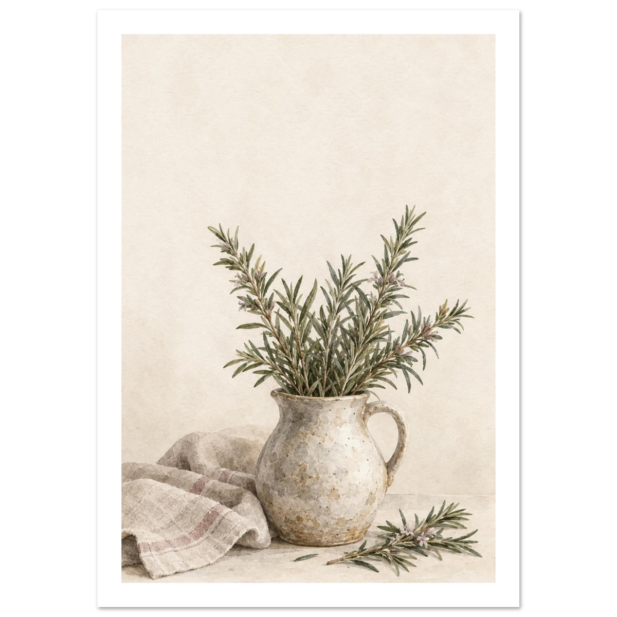 Rosemary sprigs in a mottled cream jug beside a striped cloth and loose stems, painted against a cream background.