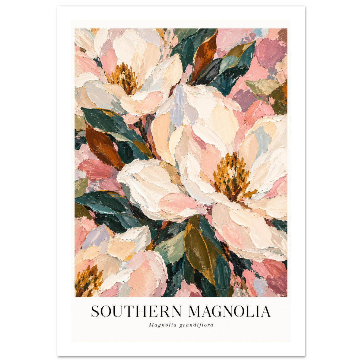 Southern Magnolia Painterly Botanical Art Print – White Border