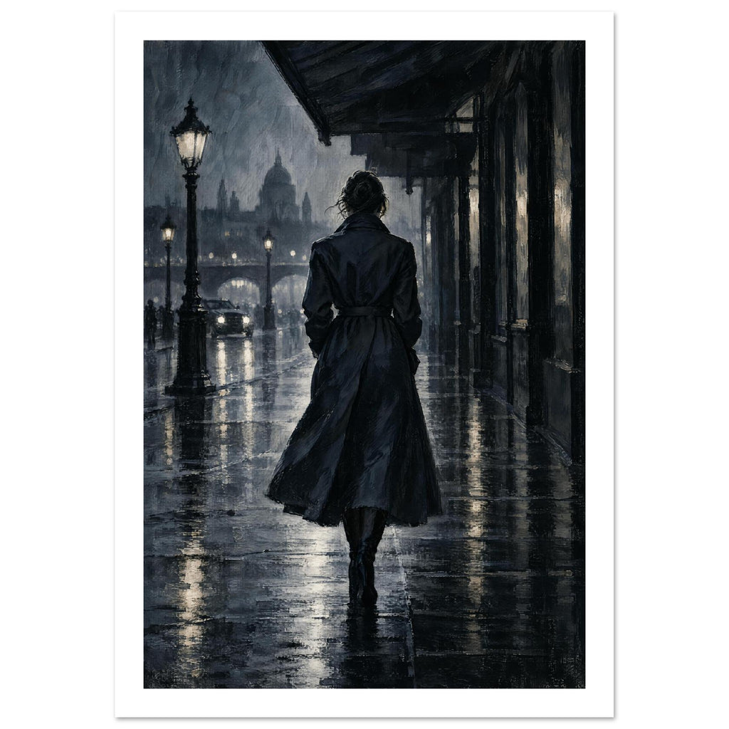 Raincoat at Midnight, a rear-view figure in a long raincoat under an awning, outlined above wet pavement in navy and charcoal