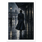 Raincoat at Midnight, a rear-view figure in a long raincoat under an awning, outlined above wet pavement in navy and charcoal