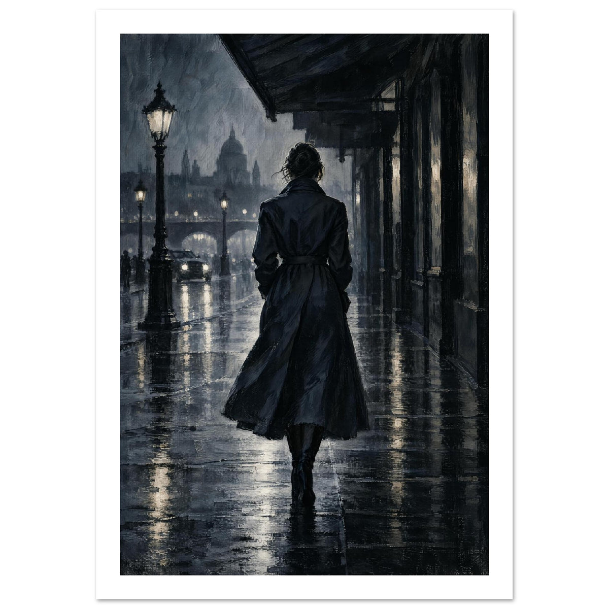 Raincoat at Midnight, a rear-view figure in a long raincoat under an awning, outlined above wet pavement in navy and charcoal