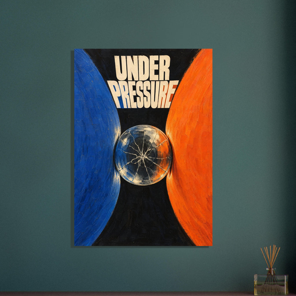 Under Pressure lettering above a cracked reflective sphere between large blue and orange curves on a black background.
