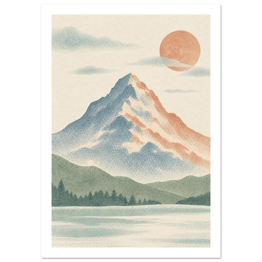 Dotted mountain in blue and terracotta beneath an orange sun, with pale clouds, green foothills and trees on cream.
