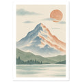 Dotted mountain in blue and terracotta beneath an orange sun, with pale clouds, green foothills and trees on cream.