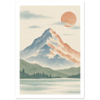 Dotted mountain in blue and terracotta beneath an orange sun, with pale clouds, green foothills and trees on cream.