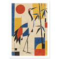 Stylised crane beside bamboo with red, blue and yellow geometric blocks on a textured cream background.