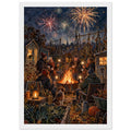 People with sparklers gather around a fire pit with a dog in an allotment, beneath fireworks in a dark blue sky.