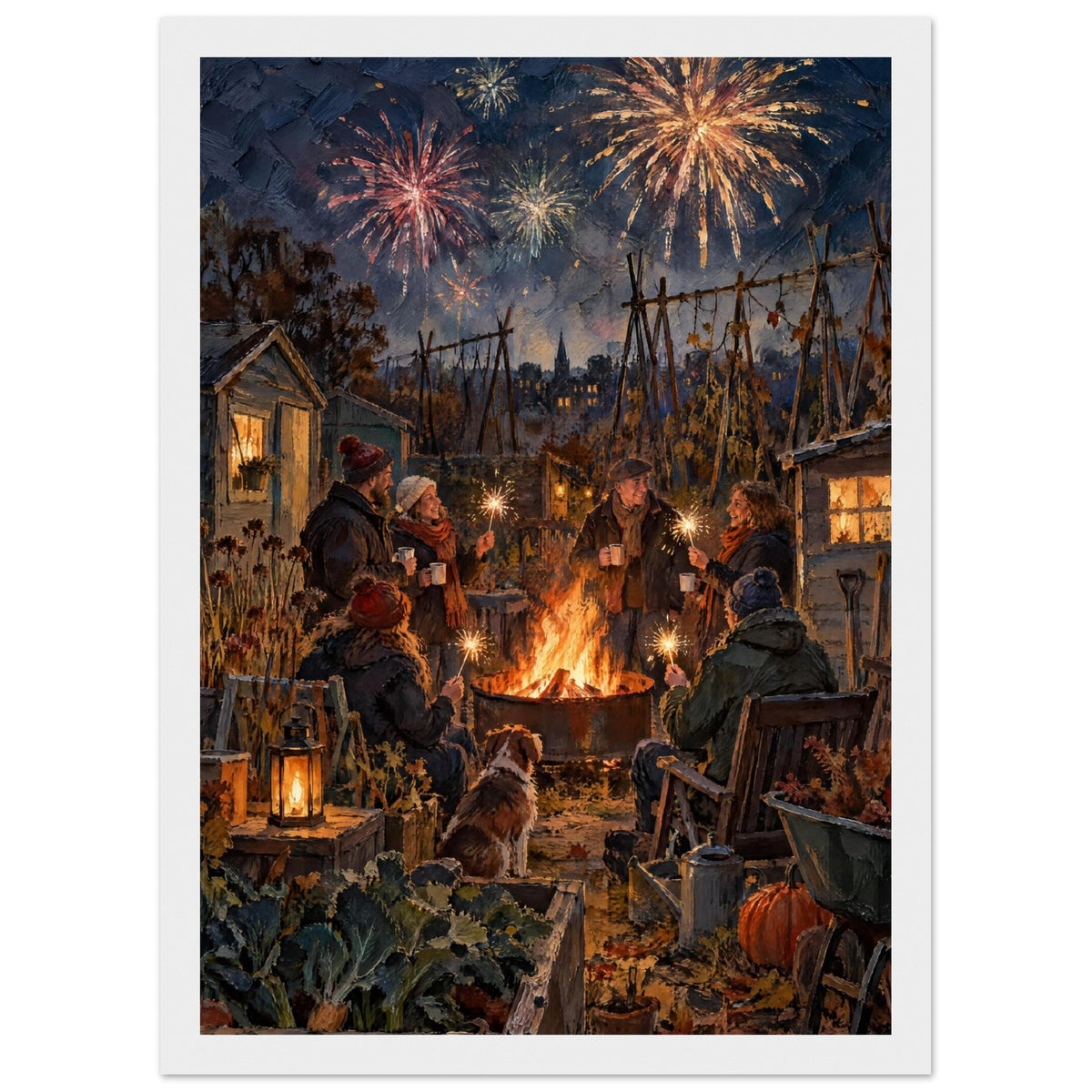 People with sparklers gather around a fire pit with a dog in an allotment, beneath fireworks in a dark blue sky.