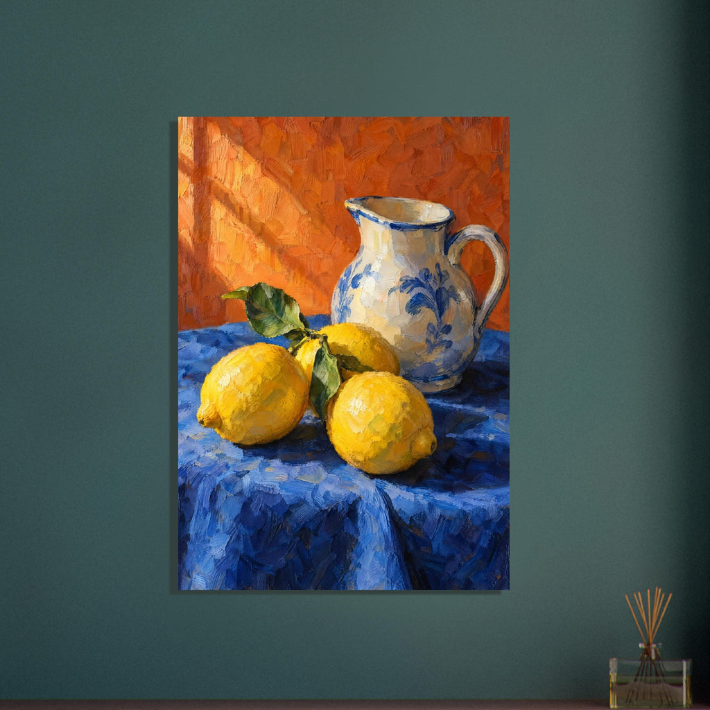 Three yellow lemons with green leaves beside a cream and blue floral jug on blue cloth against an orange background.