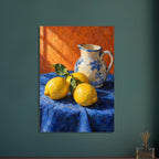 Three yellow lemons with green leaves beside a cream and blue floral jug on blue cloth against an orange background.