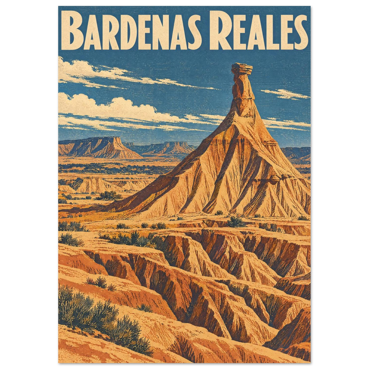 Bardenas Reales lettering above an orange desert rock pinnacle, eroded ridges and sparse shrubs beneath a blue sky.