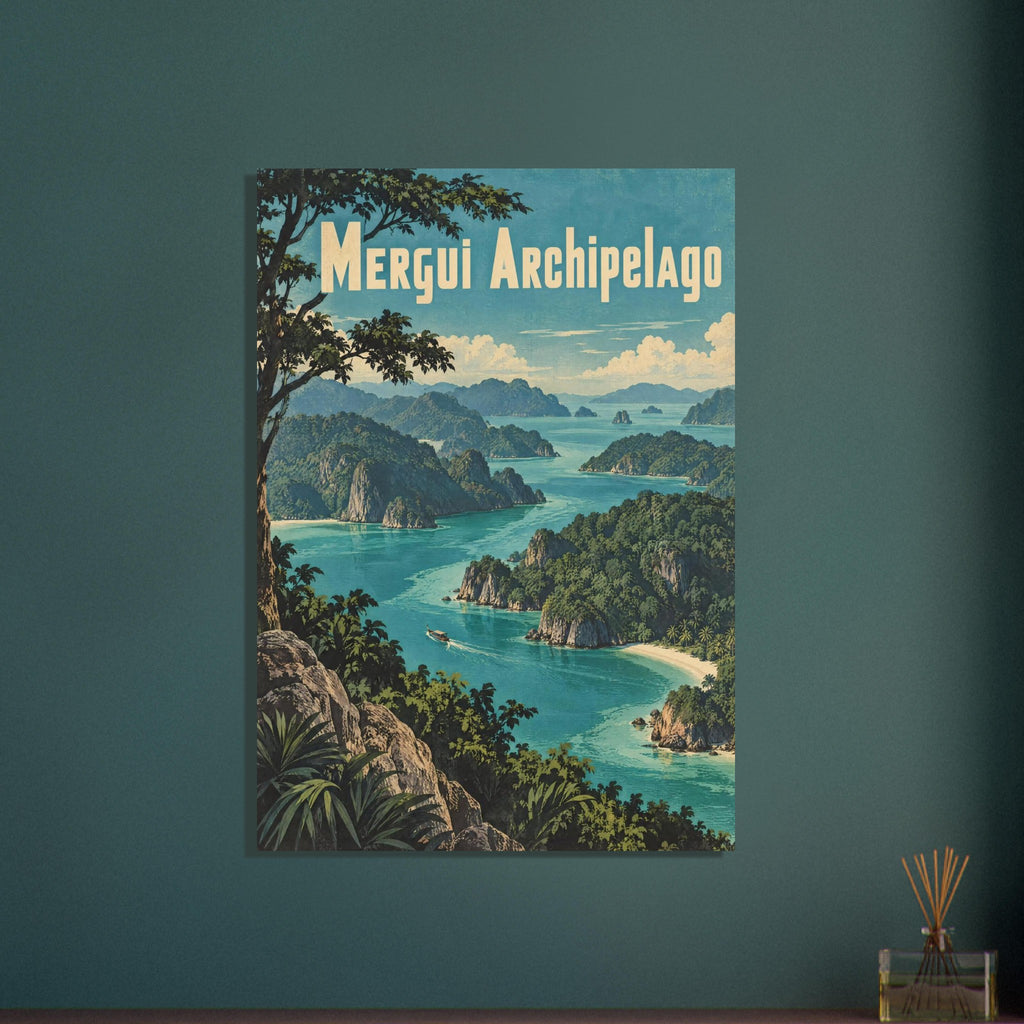 Mergui Archipelago lettering above turquoise sea, forested rocky islands and sandy coves, framed by foreground trees.
