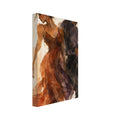 Dancing couple back to back, a woman in a flowing rust-orange dress and a man in dark clothing, in loose watercolour.