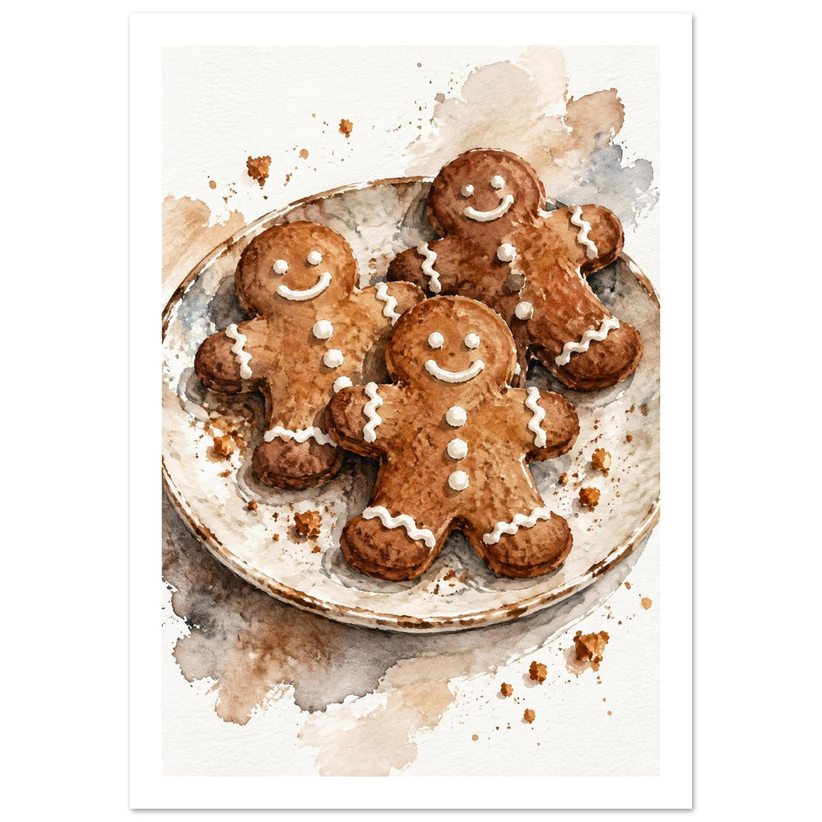 Three smiling gingerbread biscuits with white icing on a round plate, painted in watercolour with scattered crumbs.