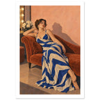 Woman in a blue and cream striped dress reclining on a rust chaise longue against a peach wall beside a lit mirror.