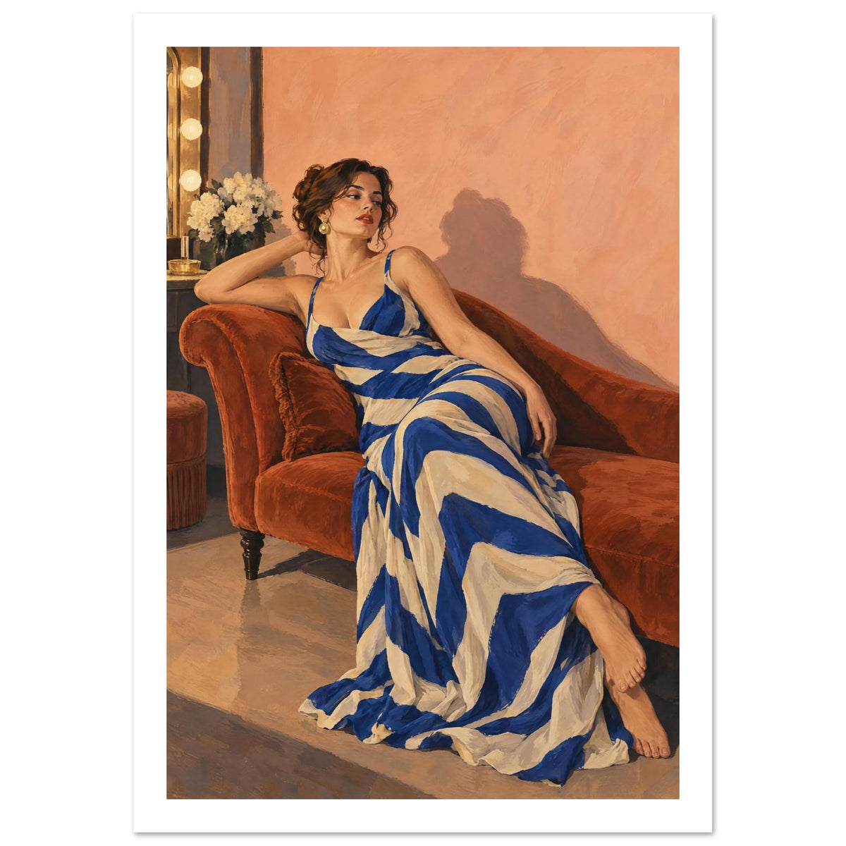 Woman in a blue and cream striped dress reclining on a rust chaise longue against a peach wall beside a lit mirror.