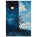 Hare silhouette beneath a bare tree against a split sky, with moon and stars on the left and blue daylight on the right.