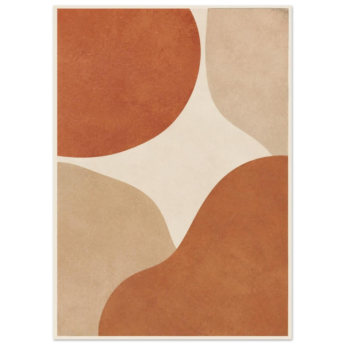 Abstract burnt orange and beige curved shapes on a cream background, with mottled texture and a narrow cream border.