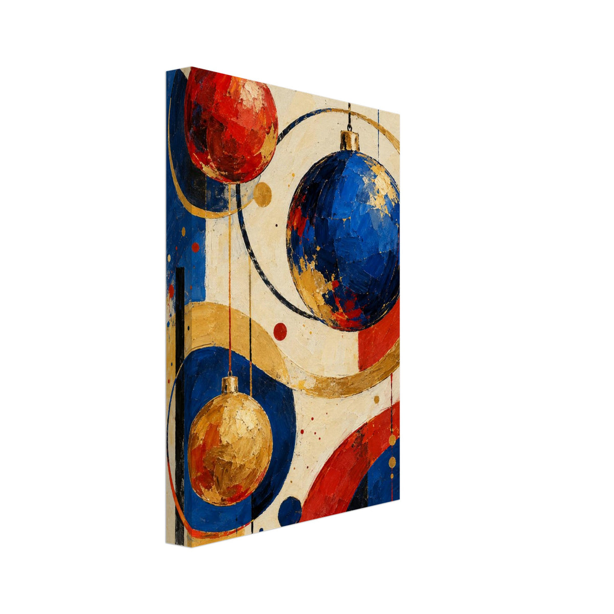 Red, blue and golden baubles hanging among sweeping circles, coloured dots and textured geometric shapes on cream.