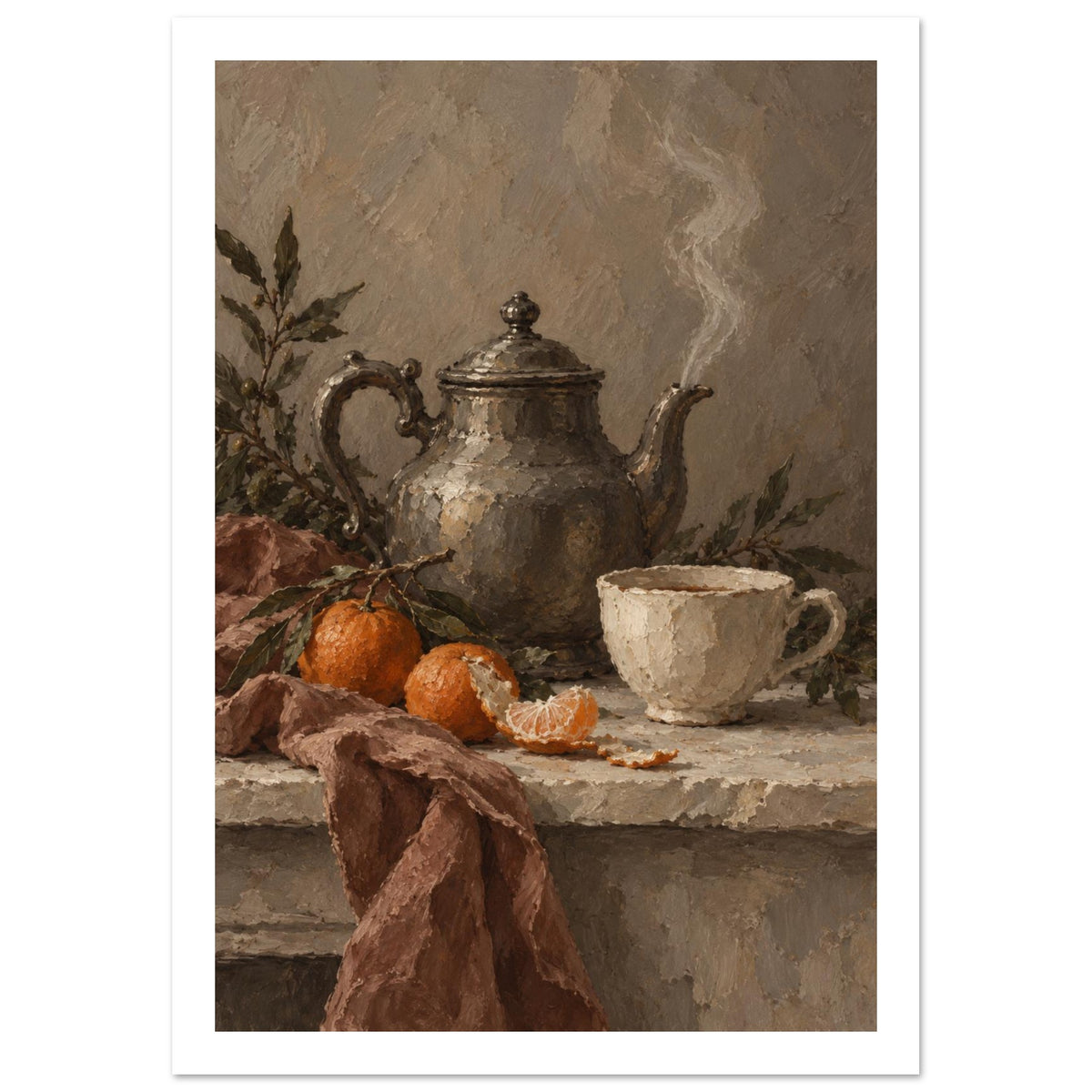 Teapot And Oranges Still Life Art Print – White Border