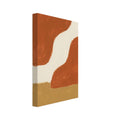 Terracotta abstract shapes surrounding a winding cream space, with a broad ochre band below and visible brush marks.