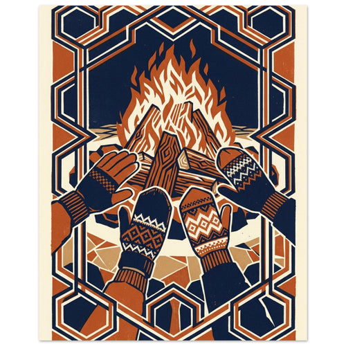 Four gloved and mittened hands held towards a bonfire, in navy, rust and cream with an interlocking geometric border.