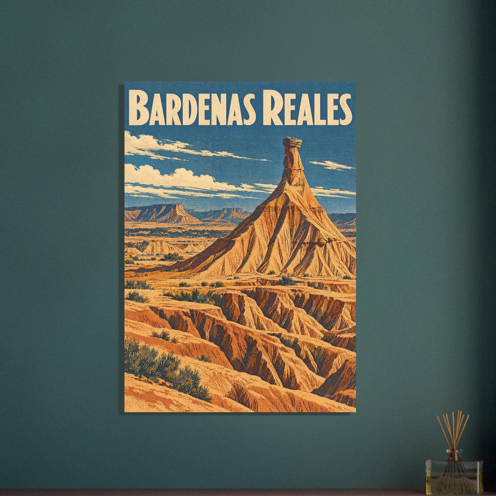 Bardenas Reales lettering above an orange desert rock pinnacle, eroded ridges and sparse shrubs beneath a blue sky.