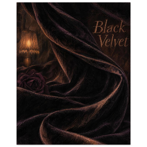 Black velvet folds with brown highlights, a dark burgundy rose, glowing lamp and copper-toned ‘Black Velvet’ lettering.