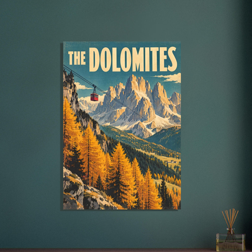 Dolomites poster with golden trees, jagged mountains, a red cable car and cream lettering against a teal sky.