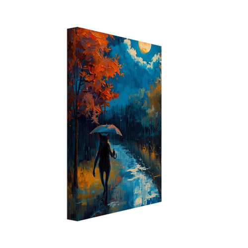 Black cat holding an umbrella on a wet path beneath a golden moon, with orange trees and blue reflections.