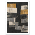 Overlapping ochre, cream and grey rectangular blocks with distressed markings on a charcoal background.
