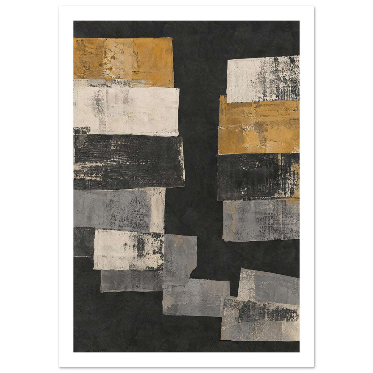 Overlapping ochre, cream and grey rectangular blocks with distressed markings on a charcoal background.
