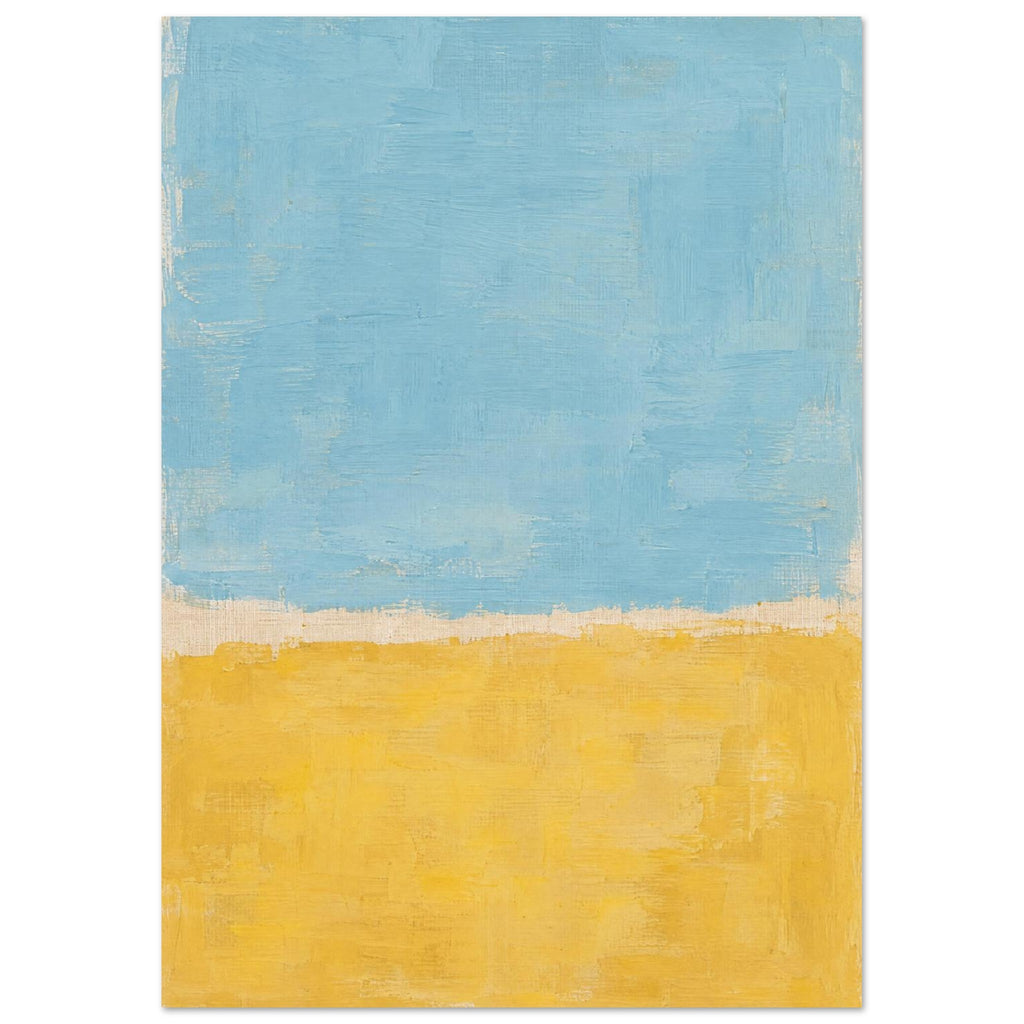 Abstract colour blocks with pale blue above warm yellow, textured brush marks and an uneven cream divide.