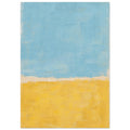 Abstract colour blocks with pale blue above warm yellow, textured brush marks and an uneven cream divide.